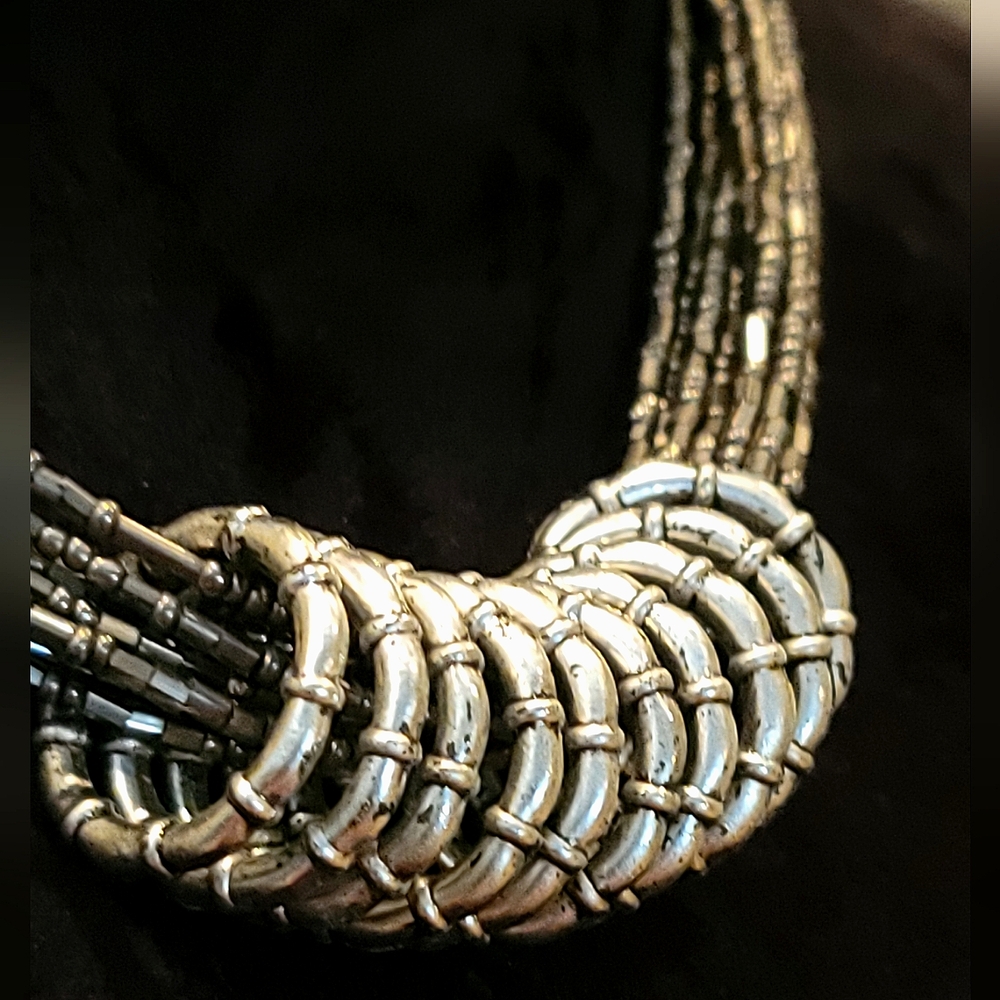 Unique Silver Tone Layered Necklace - Textured Rings!